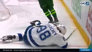 Andrei Vasilevskiy's Clearing Attempt Hits Mikhail Sergachev In The Face