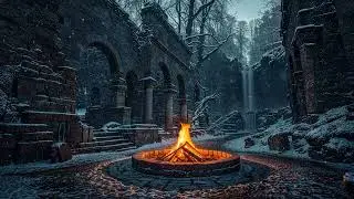 Snowfall Beneath the Arches | Fire & Water Ambience in Ancient Ruins