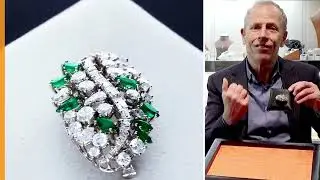 3.02ct Zimbabwe Emerald and 6.88ct Diamond, 14ct White Gold Brooch - Vintage Circa 1965
