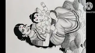 Mata Parvati and cute Ganpati Bappa drawing/ Ganpati Bappa sitting on the lap of Maa Parvati 