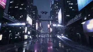 A cyberpunk megabuilding with neon signs and holograms @ChoiceOfIdeas