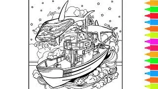 Coloring Whales Jumps, Dolphins and Treasure Chest | Coloring Book Pages