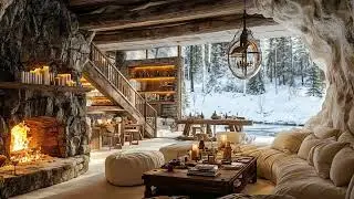Rustic Cabin in Winter ❄️ Fireplace Glow & Snowfall Sounds for Relaxation Escape