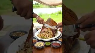 Roasted Camel Feast by the River | ASMR Knife Cut with Rice, Nuts & Chutney in 4K