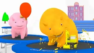 Renkleri &Ouml;ğren - Dino & Dina trambolin yapıyor ve Balonların i&ccedil;inde Hediye buluyorlar