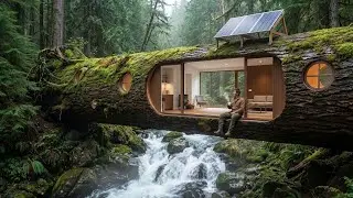 He Built a Hidden Home Inside a Giant Log Over a Waterfall (ASMR) #1