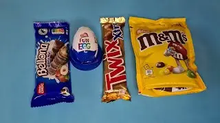 Satisfying video candy ASMR. How to unpack Bellona, Fun Egg, Twix, M&M'S.