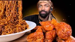 BLACK BEAN FIRE NOODLES & HOT SPICY CHICKEN MUKBANG EATING SOUNDS | KhalilEats