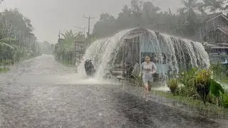 Heavy rains hit the green and beautiful countryside of Indonesia | very wet and refreshing | asmr