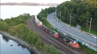 Awesome Aerial 4K View! Long Stack Train CN 121 at Birch Cove, NS While Building Train at Pace Yard