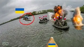 Украинские FPV-дроны жестоко подорвали российских морских пехотинцев на лодке во время их перепра...