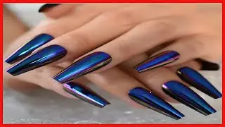 EchiQ Chrome Diamond Blue Press On Fingernails Coffin Metallic Mirror Holo Fake Nails Extra Long