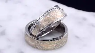 Mokume Wave Diamond Crossing Engagement Ring and Matching Mokume Wedding Band