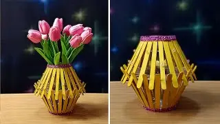 Popsicle Stick Flower Vase from Recycled Plastic Bottle | Woolen Craft | Home Decor idea | DIY