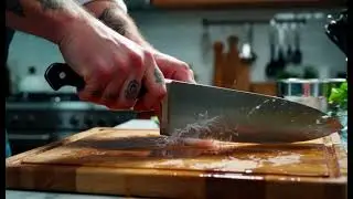Create a video of a pair of strong hands with finger tattoos slicing into a powerful