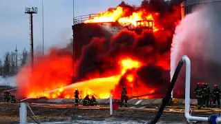 Firefighters battle blaze at fuel storage facility after shelling in Lviv