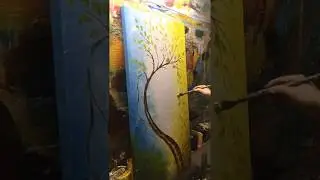 Large Vertical Gold Flower Tree Canvas Wall Art Painting Acrylic on Canvas Knife Palette Painting