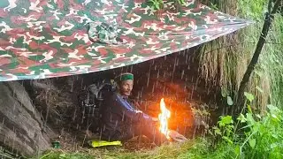 Solo camping in heavy rain | shelter under the cliff | Bushcraft | ASMR