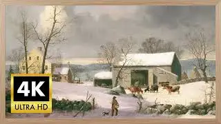 Snowy Farmstead Morning | Vintage Winter Painting with Gentle Jazz Ambience [4K Framed Art]