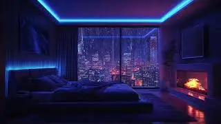 Cozy Indoor Night with Rain and Fire | Dark City View ASMR Sounds for Sleeping