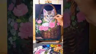 Cute Cat 🐱 In A Flower Basket Drawing With Acrylic Paint #huyhoihoaart #acrylicpainting