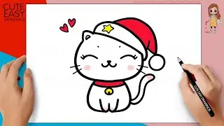 How to Draw Cute Kitty with Christmas Hat | Draw Santa Cat | Christmas Cat Drawing Easy for Kids