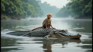 The monkey rides on the crocodile's back, as the crocodile swims with it