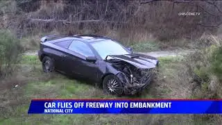 Car Flies Off Freeway Into Embankment