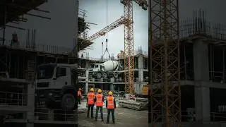Tower crane lifts cement truck onto building construction site.#heavylifting #concretelifting