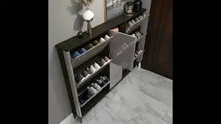 54'' Minimalist Walnut Veneer Thin Shoe Storage Cabinet with Stool and 6 Tipping Bucket