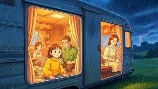 Cozy Family Camping in a Mobile Home | Thunder & Rain | Studio Ghibili ASMR ⛈️ Ghibli Everyday Life