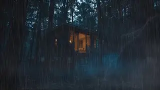 Intense Thunderstorm at a Blue Forest Cabin - Night Ambience