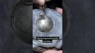 Hand engraved antique bottle necklace for ashes with bright cut rabbits, 1/1 custom