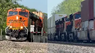 Giant 3x3x0 BNSF Mega Stack train & BNSF Manifest train! BNSF Transcon: Emporia sub..5/11/25
