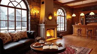 Warm Winter Coffee Shop ❄️☕ Gentle Piano Jazz & Crackling Fire for Calm Focus and Comfort