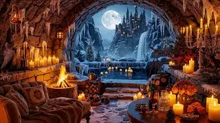 🌬Enchanted Winter Cave by the Waterfalls ❄ | Relaxing Ambience with Crackling Fire, Winds & Snows