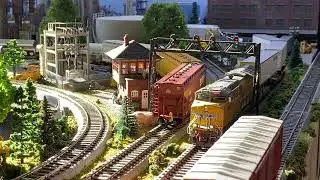 A Lot of HO Freight Train Action on a Sunday Morning - Burlington BNSF UP CNW