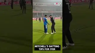 Daryl Mitchell shares some batting tips with Shreyas Iyer after India vs New Zealand 4th T20I