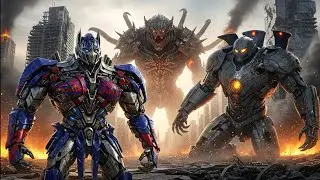 Optimus Prime and Jaeger vs a Demon Kaiju in a Burning Apocalypse City