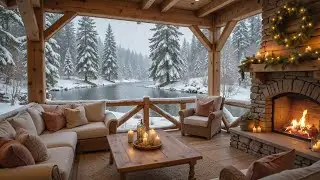 Cozy Wood Cabin by Calm Lakeshore ❄️ Winter Piano Music Background & Crackling Fire for Relaxation