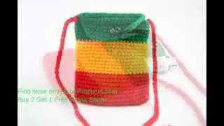 CROCHET PASSPORT BAG RASTA COLORS GREEN YELLOW RED WITH BUTTON TO CLOSE POCKET 4X5 INCHES