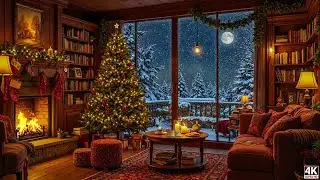 Cozy Christmas Cabin Ambience 🎄 Moonlit Winter Night with Relaxing Jazz & Fireplace Sounds