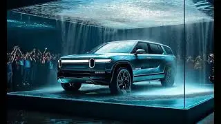 Rivian Car: in a glass water tank. AI concept pop up idea