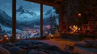 Peaceful Snowfall Outside a Cozy Winter Cabin with Crackling Fireplace Sounds for Deep Sleep