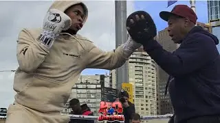SNAPPING POWER! Devin Haney w Yoel Judah on the handpads for George Kambosos media workouts!