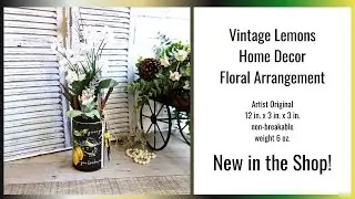 Farmhouse Vintage Lemon Jar Vase Floral Arrangement, Primitive Lemon Decor Rustic Lemon Decor