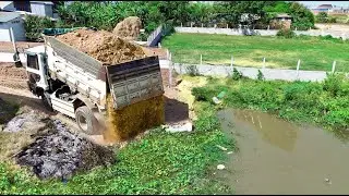 Perfect New Project!!Delete Pond By Dump Truck Filling Land, Skill Bulldozer Pushing Soil Into Water