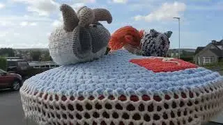 Yarn Bomb.  A Loaghtan lamb, a fairy and a Manx cat.