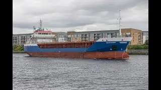 Cargo ship Celtic Raider sailing up the river Clyde to KGV docks 4K