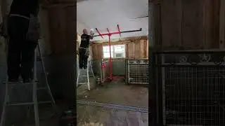 Drywall install. 12ft sheetrock hanging. Harbor freight drywall hosit lift. Dog kennel.